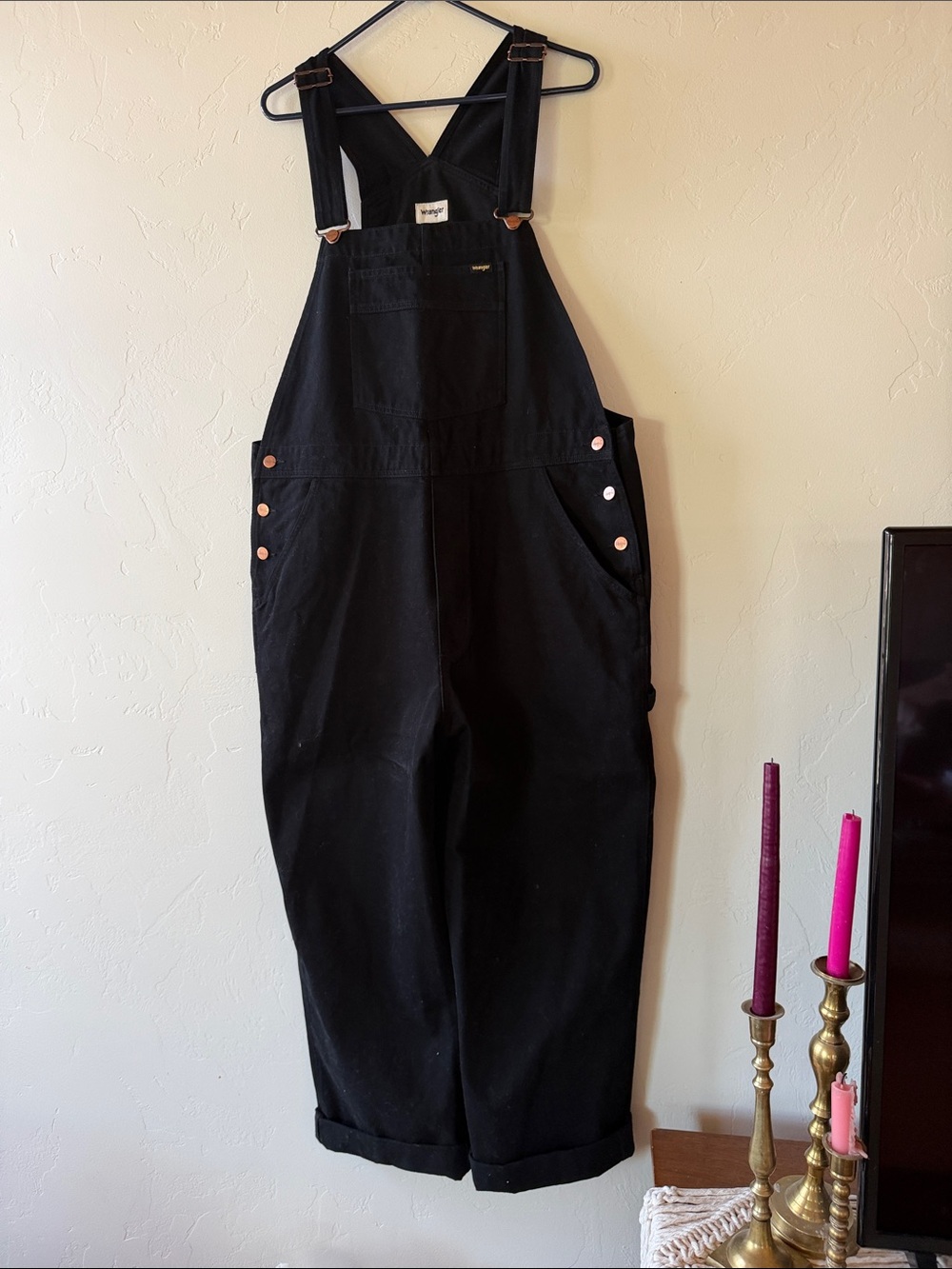 Wrangler Black Women's Relaxed-Fit Overalls with Copper Accents